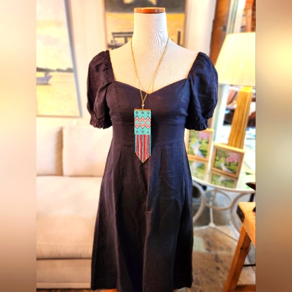 Blue and Red Beaded Tapestry Necklace with Goldtone Chain - Picture 2 of 11